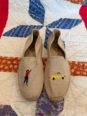 Soludos x Lucy Mail Beige Canvas Espadrilles Hail A Taxi Embroidery